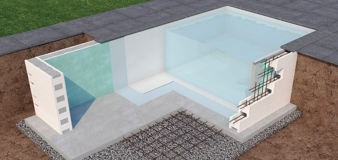 Render 3D przekroju niecki basenowej w technologii bloczkowo-betonowej